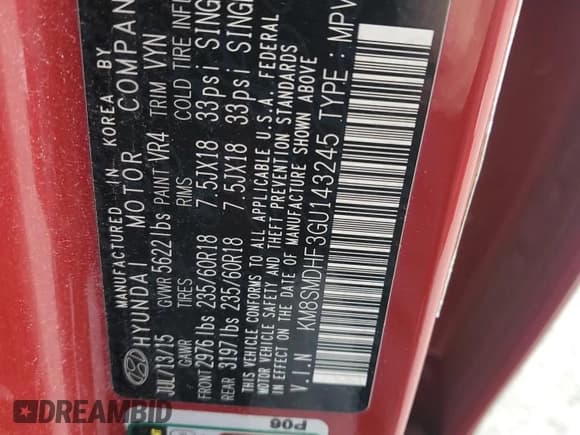 ✅ 2016 Hyundai Santa Fe SE • VIN: KM8SMDHF3GU143245 • Лот: 90603845. Опубликован ранее на Copart с пробегом Не указан. Бесплатный доступ к архиву аукционных продаж из США и подробный отчёт об истории автомобиля на DreamBid. Изображение 13.