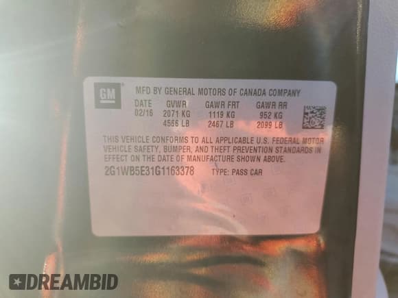 ✅ 2016 Chevrolet Impala LT • VIN: 2G1WB5E31G1163378 • Лот: 73889234. Опубликован ранее на Copart с пробегом Не указан. Бесплатный доступ к архиву аукционных продаж из США и подробный отчёт об истории автомобиля на DreamBid. Изображение 13.