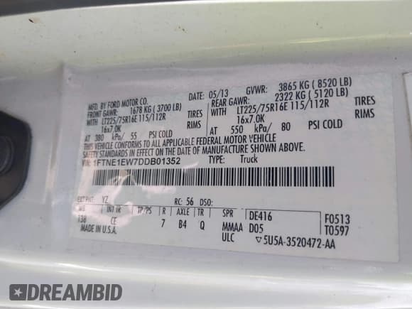 ✅ 2013 Ford Econoline Cargo Commercial • VIN: 1FTNE1EW7DDB01352 • Lot: 42908765. Listed on IAAI with 102,950 mi. Free auction sales archive from the USA and detailed vehicle history report at DreamBid. Image 9.