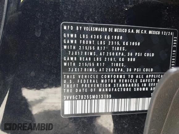 ✅ 2025 Volkswagen Taos S • VIN: 3VV5C7B25SM013199 • Lot: 42694425. Wystawiony na IAAI z przebiegiem 15 559 mil. Bezpłatny archiwum sprzedaży aukcyjnych z USA i szczegółowy raport historii pojazdu na DreamBid. Zdjęcie 9.