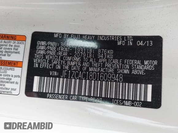 ✅ 2013 Subaru BRZ Limited • VIN: JF1ZCAC18D1609948 • Lot: 43176942. Listed on IAAI with 100,601 mi. Free auction sales archive from the USA and detailed vehicle history report at DreamBid. Image 9.