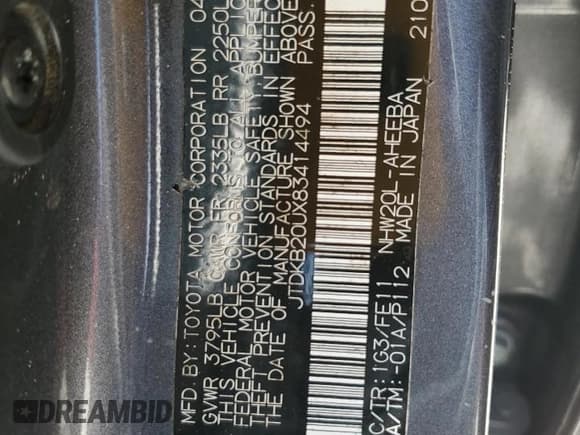 ✅ 2008 Toyota Prius • VIN: JTDKB20UX83414494 • Lot: 55891825. Listed on Copart with 162,631 mi. Free auction sales archive from the USA and detailed vehicle history report at DreamBid. Image 12.