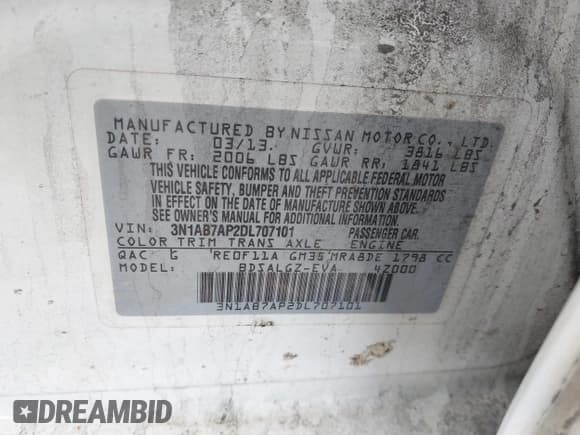 ✅ 2013 Nissan Sentra SL • VIN: 3N1AB7AP2DL707101 • Lot: 41529212. Listed on IAAI with Not provided. Free auction sales archive from the USA and detailed vehicle history report at DreamBid. Image 9.