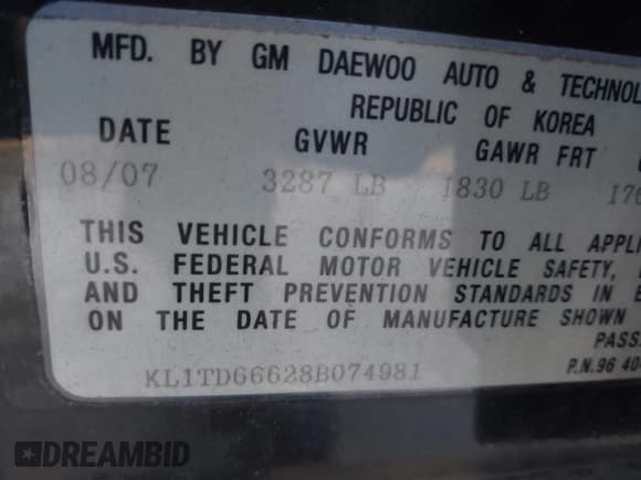 ✅ 2008 Chevrolet Aveo LS • VIN: KL1TD66628B074981 • Lot: 43603125. Listed on IAAI with 207,567 mi. Free auction sales archive from the USA and detailed vehicle history report at DreamBid. Image 9.