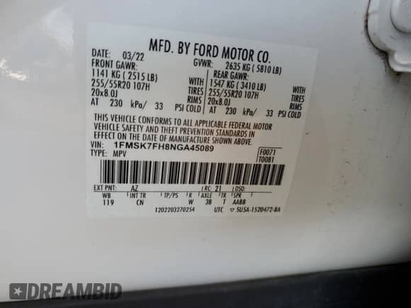 2022 Ford Explorer Limited with VIN 1FMSK7FH8NGA45089, listed as a Copart auction lot 87056215 with Not provided miles and Clean title. Bid and sale history available at DreamBid. Image 12.