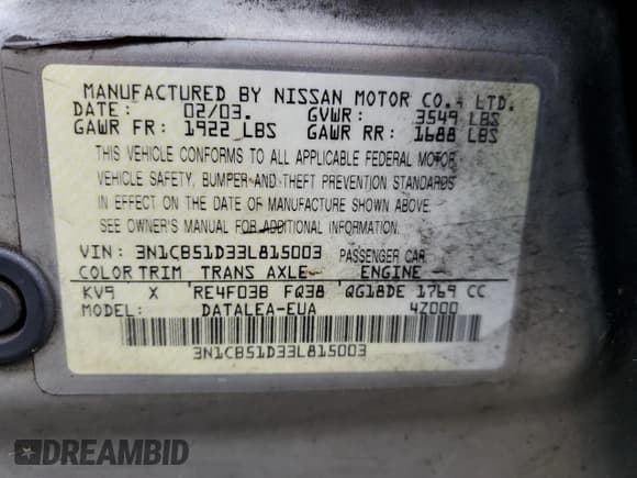 ✅ 2003 Nissan Sentra GXE • VIN: 3N1CB51D33L815003 • Лот: 49908765. Опубликован ранее на Copart с пробегом Не указан. Бесплатный доступ к архиву аукционных продаж из США и подробный отчёт об истории автомобиля на DreamBid. Изображение 12.