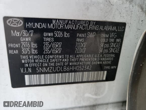 ✅ 2017 Hyundai Santa Fe 2.4L • VIN: 5NMZUDLB6HH052342 • Лот: 56321084. Опубликован ранее на Copart с пробегом 74 567 миль. Бесплатный доступ к архиву аукционных продаж из США и подробный отчёт об истории автомобиля на DreamBid. Изображение 13.