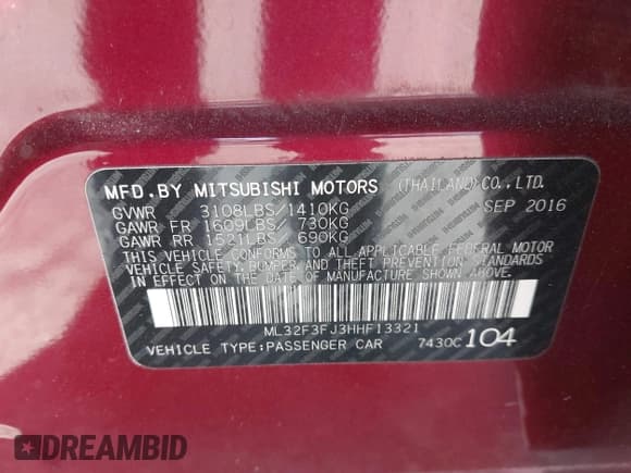 ✅ 2017 Mitsubishi Mirage ES • VIN: ML32F3FJ3HHF13321 • Lot: 41882013. Listed on IAAI with 44,927 mi. Free auction sales archive from the USA and detailed vehicle history report at DreamBid. Image 9.