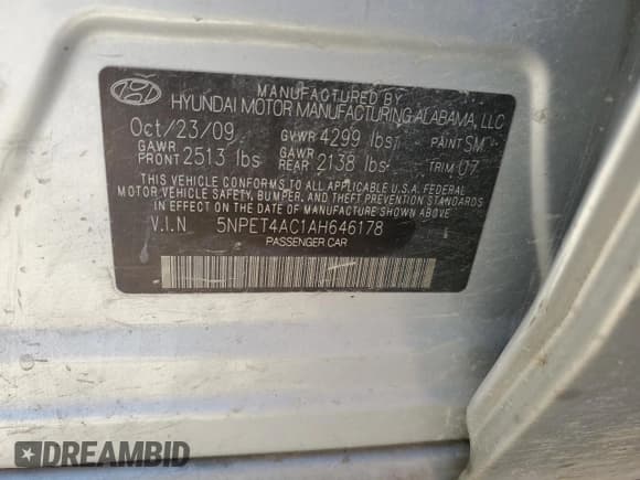 ✅ 2010 Hyundai Sonata GLS • VIN: 5NPET4AC1AH646178 • Лот: 57340304. Опубликован ранее на Copart с пробегом Не указан. Бесплатный доступ к архиву аукционных продаж из США и подробный отчёт об истории автомобиля на DreamBid. Изображение 12.