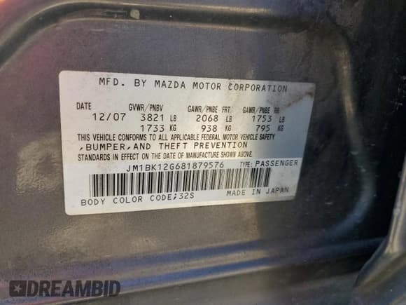 ✅ 2008 Mazda 3 Sport • VIN: JM1BK12G681879576 • Lot: 64104154. Wystawiony na Copart z przebiegiem 344 472 mil. Bezpłatny archiwum sprzedaży aukcyjnych z USA i szczegółowy raport historii pojazdu na DreamBid. Zdjęcie 12.