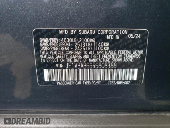 ✅ 2024 Subaru WRX • VIN: JF1VBAB66R9808388 • Лот: 54313795. Опубликован ранее на Copart с пробегом 9 666 миль. Бесплатный доступ к архиву аукционных продаж из США и подробный отчёт об истории автомобиля на DreamBid. Изображение 12.