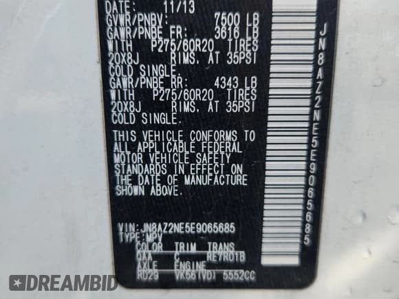 ✅ 2014 Infiniti QX80 • VIN: JN8AZ2NE5E9065685 • Лот: 90828745. Опубликован ранее на Copart с пробегом 159 587 миль. Бесплатный доступ к архиву аукционных продаж из США и подробный отчёт об истории автомобиля на DreamBid. Изображение 14.