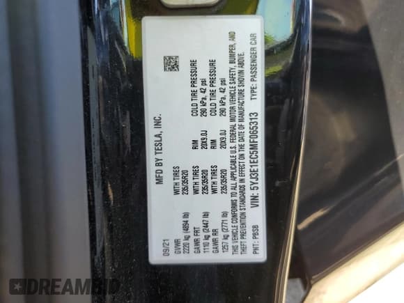 ✅ 2021 Tesla Model 3 Performance • VIN: 5YJ3E1EC5MF065313 • Lot: 82096155. Listed on Copart with 63,283 mi. Free auction sales archive from the USA and detailed vehicle history report at DreamBid. Image 12.