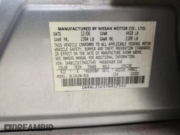 ✅ 2007 Nissan Altima SL • VIN: 1N4BL21E57N417543 • Лот: 63632745. Опубликован ранее на Copart с пробегом 139 199 миль. Бесплатный доступ к архиву аукционных продаж из США и подробный отчёт об истории автомобиля на DreamBid. Изображение 12.