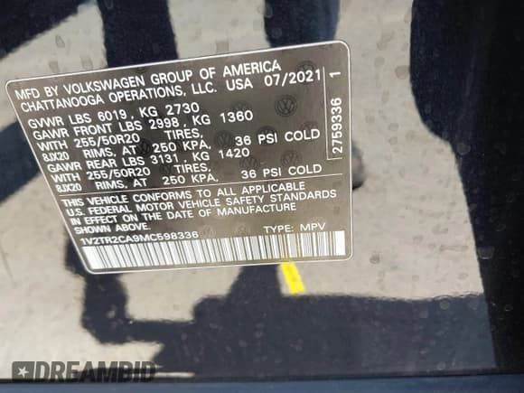 ✅ 2021 Volkswagen Atlas SEL Premium • VIN: 1V2TR2CA9MC598336 • Lot: 42300869. Listed on IAAI with 48,489 mi. Free auction sales archive from the USA and detailed vehicle history report at DreamBid. Image 9.