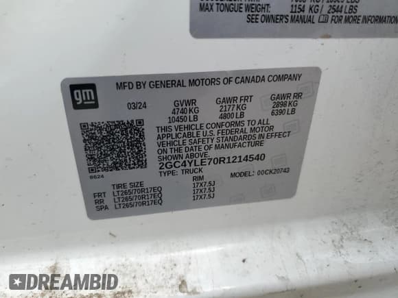 ✅ 2024 Chevrolet Silverado 2500HD Work Truck • VIN: 2GC4YLE70R1214540 • Лот: 67464355. Опубликован ранее на Copart с пробегом 17 380 миль. Бесплатный доступ к архиву аукционных продаж из США и подробный отчёт об истории автомобиля на DreamBid. Изображение 13.