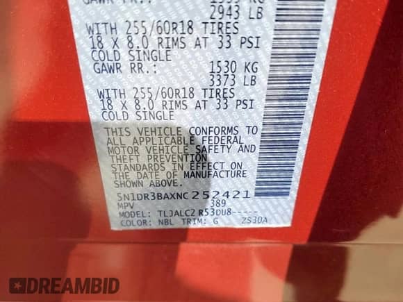 2022 Nissan Pathfinder SV z VIN 5N1DR3BAXNC252421, wystawiony jako Copart lot #81744505 z przebiegiem 101 368 mil mil oraz Szkoda całkowita • Salvage title. Historia ofert i sprzedaży dostępna na DreamBid. Obrazek 12.