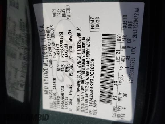 ✅ 2003 Ford Explorer Eddie Bauer • VIN: 1FMZU64K93UC10258 • Lot: 75002904. Wystawiony na Copart z przebiegiem 191 287 mil. Bezpłatny archiwum sprzedaży aukcyjnych z USA i szczegółowy raport historii pojazdu na DreamBid. Zdjęcie 15.