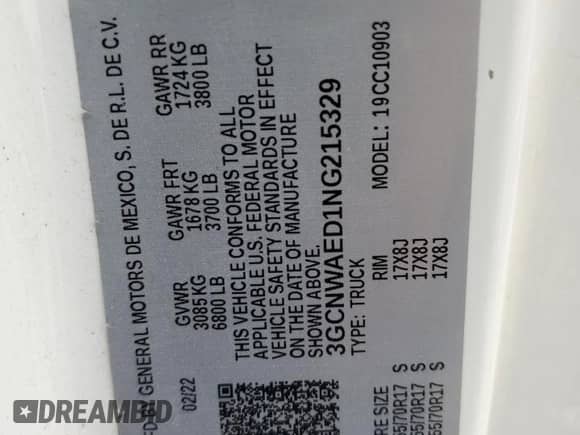 2022 Chevrolet Silverado 1500 Work Truck z VIN 3GCNWAED1NG215329, wystawiony jako Copart lot #68860495 z przebiegiem 44 819 mil mil oraz Szkoda całkowita • Salvage title. Historia ofert i sprzedaży dostępna na DreamBid. Obrazek 12.