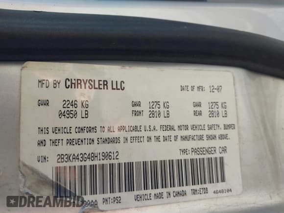 ✅ 2008 Dodge Charger • VIN: 2B3KA43G48H190612 • Lot: 43555017. Wystawiony na IAAI z przebiegiem 215 794 mil. Bezpłatny archiwum sprzedaży aukcyjnych z USA i szczegółowy raport historii pojazdu na DreamBid. Zdjęcie 9.