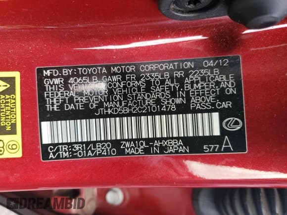 ✅ 2012 Lexus CT 200h Premium • VIN: JTHKD5BH2C2101478 • Lot: 86459405. Listed on Copart with 138,269 mi. Free auction sales archive from the USA and detailed vehicle history report at DreamBid. Image 12.