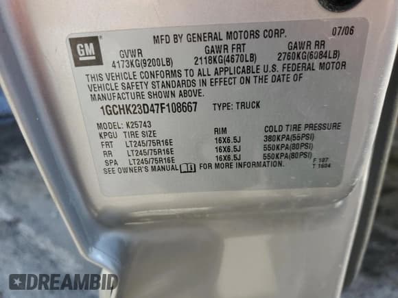 ✅ 2007 Chevrolet Silverado 2500HD LT1 • VIN: 1GCHK23D47F108667 • Лот: 80464745. Опубликован ранее на Copart с пробегом 339 690 миль. Бесплатный доступ к архиву аукционных продаж из США и подробный отчёт об истории автомобиля на DreamBid. Изображение 12.
