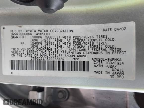 2002 Toyota Highlander с VIN JTEGD21A520038487, выставлен на аукционе IAAI как лот 42360225 с пробегом 163 470 миль миль и . История ставок и продаж доступна на DreamBid. Изображение 9.