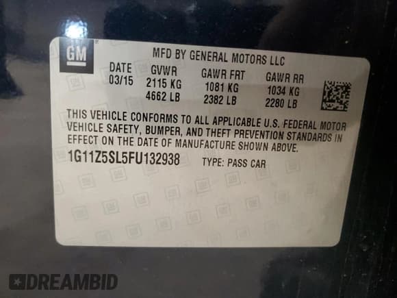 ✅ 2015 Chevrolet Impala LS • VIN: 1G11Z5SL5FU132938 • Лот: 79848114. Опубликован ранее на Copart с пробегом 107 577 миль. Бесплатный доступ к архиву аукционных продаж из США и подробный отчёт об истории автомобиля на DreamBid. Изображение 14.