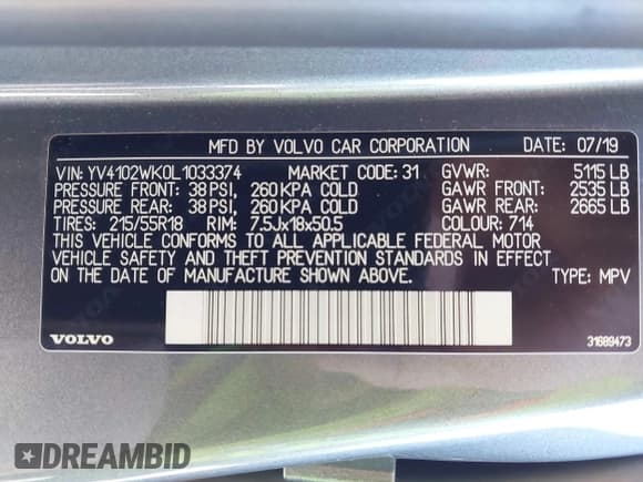 ✅ 2020 Volvo V60 • VIN: YV4102WK0L1033374 • Лот: 41774368. Опубликован ранее на IAAI с пробегом 94 829 миль. Бесплатный доступ к архиву аукционных продаж из США и подробный отчёт об истории автомобиля на DreamBid. Изображение 9.