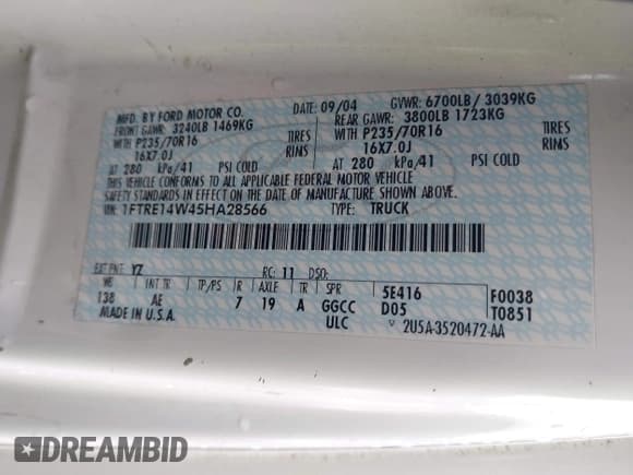 ✅ 2005 Ford Econoline Cargo • VIN: 1FTRE14W45HA28566 • Lot: 42875904. Listed on IAAI with 216,247 mi. Free auction sales archive from the USA and detailed vehicle history report at DreamBid. Image 9.