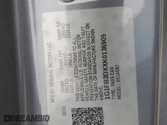 2019 Chevrolet Camaro 1LT с VIN 1G1FB3DXXK0136905, выставлен на аукционе Copart как лот 81994714 с пробегом 100 874 миль миль и Списание • Salvage title. История ставок и продаж доступна на DreamBid. Изображение 13.