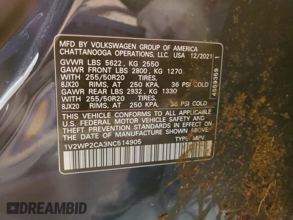 ✅ 2022 Volkswagen Atlas SE • VIN: 1V2WP2CA3NC514905 • Lot: 83910534. Listed on Copart with 47,173 mi. Free auction sales archive from the USA and detailed vehicle history report at DreamBid. Image 15.