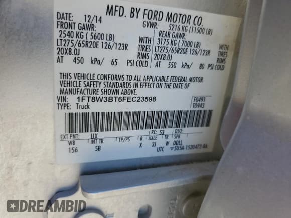 ✅ 2015 Ford F-350 XL • VIN: 1FT8W3BT6FEC23598 • Lot: 87264585. Listed on Copart with 130,852 mi. Free auction sales archive from the USA and detailed vehicle history report at DreamBid. Image 12.