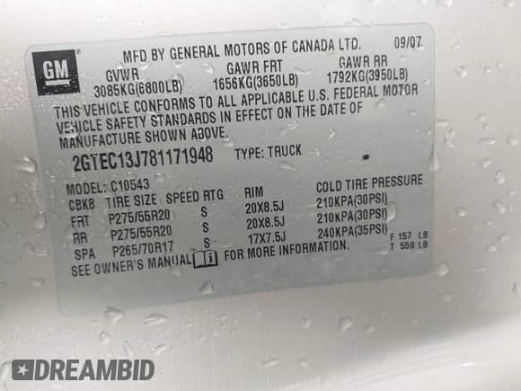 ✅ 2008 GMC Sierra 1500 SLE1 • VIN: 2GTEC13J781171948 • Lot: 43498929. Wystawiony na IAAI z przebiegiem 261 843 mil. Bezpłatny archiwum sprzedaży aukcyjnych z USA i szczegółowy raport historii pojazdu na DreamBid. Zdjęcie 9.