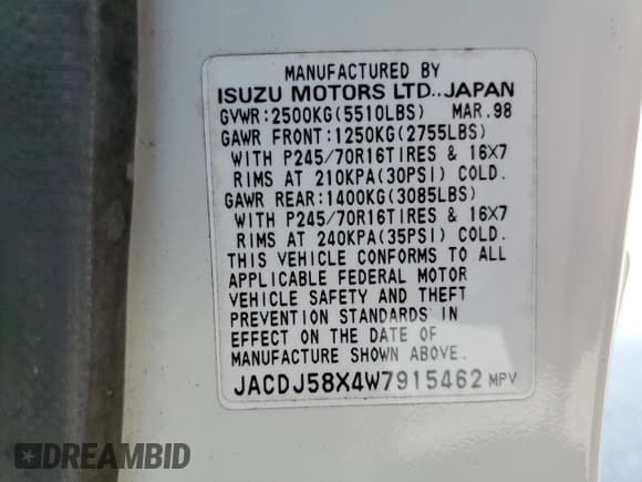 ✅ 1998 Isuzu Trooper S • VIN: JACDJ58X4W7915462 • Lot: 45632975. Listed on Copart with 135,215 mi. Free auction sales archive from the USA and detailed vehicle history report at DreamBid. Image 13.