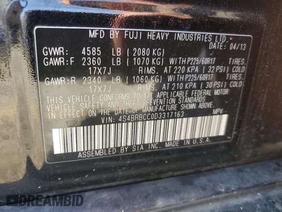 ✅ 2013 Subaru Outback Premium • VIN: 4S4BRBCC0D3317163 • Lot: 55112525. Listed on Copart with 177,822 mi. Free auction sales archive from the USA and detailed vehicle history report at DreamBid. Image 13.