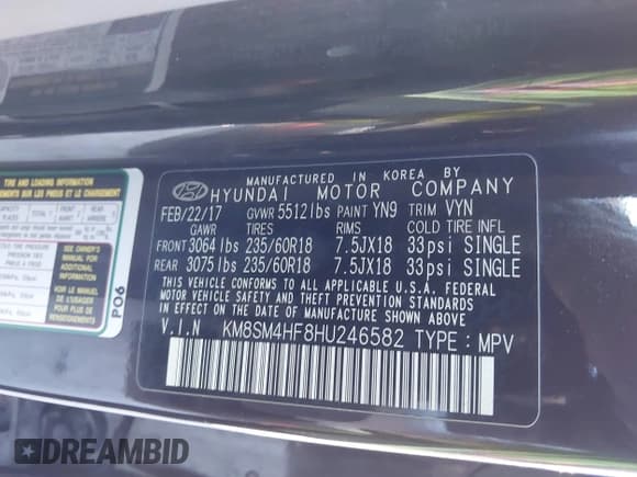 ✅ 2017 Hyundai Santa Fe SE • VIN: KM8SM4HF8HU246582 • Lot: 43473971. Listed on IAAI with 87,795 mi. Free auction sales archive from the USA and detailed vehicle history report at DreamBid. Image 9.