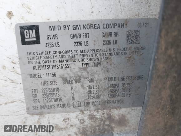 2021 Chevrolet TrailBlazer RS с VIN KL79MTSL1MB161551, выставлен на аукционе IAAI как лот 42892897 с пробегом 89 513 миль миль и . История ставок и продаж доступна на DreamBid. Изображение 9.