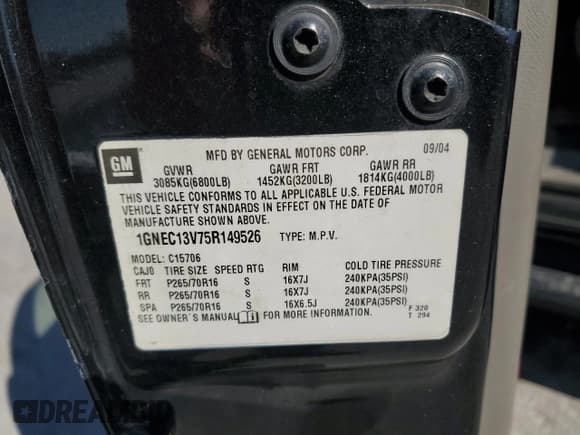 ✅ 2005 Chevrolet Tahoe LS • VIN: 1GNEC13V75R149526 • Lot: 85186925. Listed on Copart with 323,974 mi. Free auction sales archive from the USA and detailed vehicle history report at DreamBid. Image 13.