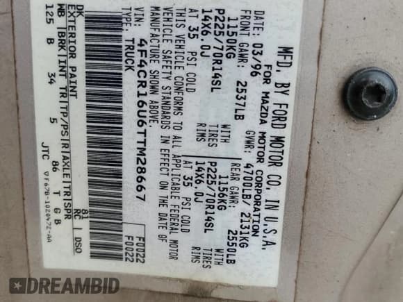 ✅ 1996 Mazda B-Series SE • VIN: 4F4CR16U6TTM28667 • Lot: 67469045. Listed on Copart with 87,717 mi. Free auction sales archive from the USA and detailed vehicle history report at DreamBid. Image 12.