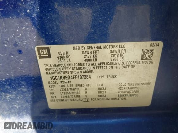 ✅ 2015 Chevrolet Silverado 2500HD LT • VIN: 1GC1KVEG4FF107284 • Lot: 42907719. Listed on IAAI with 313,421 mi. Free auction sales archive from the USA and detailed vehicle history report at DreamBid. Image 9.