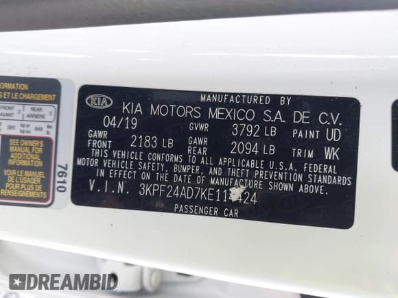 ✅ 2019 Kia Forte LXS • VIN: 3KPF24AD7KE114424 • Lot: 42324030. Listed on IAAI with 75,027 mi. Free auction sales archive from the USA and detailed vehicle history report at DreamBid. Image 17.