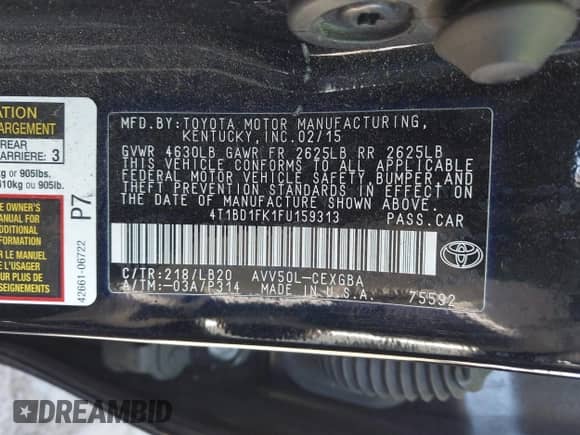 2015 Toyota Camry LE with VIN 4T1BD1FK1FU159313, listed as a IAAI auction lot 42862113 with 119,408 mi miles and . Bid and sale history available at DreamBid. Image 9.