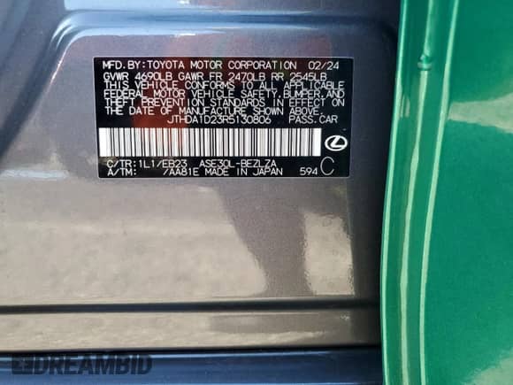 2024 Lexus IS 300 z VIN JTHDA1D23R5130806, wystawiony jako Copart lot #66090145 z przebiegiem 16 064 mil mil oraz Nie do naprawy • Non repairable. Historia ofert i sprzedaży dostępna na DreamBid. Obrazek 12.