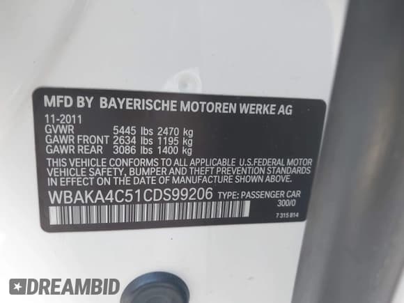 ✅ 2012 BMW 7 Series 740i • VIN: WBAKA4C51CDS99206 • Lot: 42555719. Listed on IAAI with 104,303 mi. Free auction sales archive from the USA and detailed vehicle history report at DreamBid. Image 9.