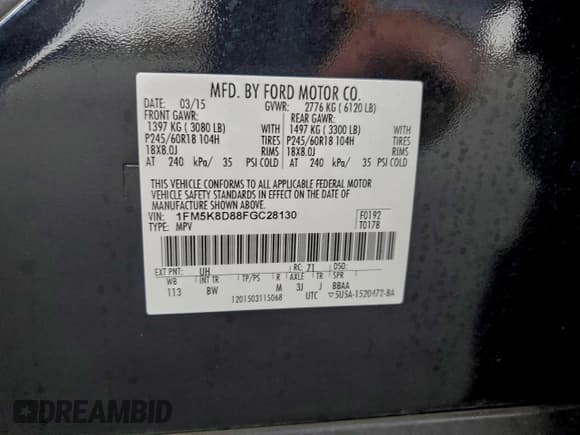 ✅ 2015 Ford Explorer XLT • VIN: 1FM5K8D88FGC28130 • Lot: 94696695. Wystawiony na Copart z przebiegiem 125 587 mil. Bezpłatny archiwum sprzedaży aukcyjnych z USA i szczegółowy raport historii pojazdu na DreamBid. Zdjęcie 13.