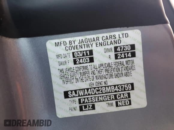 ✅ 2011 Jaguar XK XKR • VIN: SAJWA4DC2BMB43759 • Lot: 82405684. Listed on Copart with 76,858 mi. Free auction sales archive from the USA and detailed vehicle history report at DreamBid. Image 13.