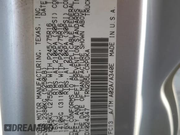 ✅ 2013 Toyota Tacoma PreRunner • VIN: 5TFTX4GN4DX024347 • Lot: 52907315. Listed on Copart with 124,688 mi. Free auction sales archive from the USA and detailed vehicle history report at DreamBid. Image 14.