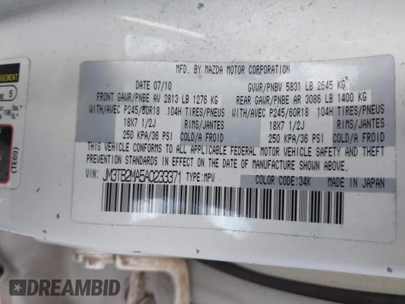 ✅ 2010 Mazda CX-9 Sport • VIN: JM3TB2MA5A0233371 • Lot: 42249663. Listed on IAAI with 196,073 mi. Free auction sales archive from the USA and detailed vehicle history report at DreamBid. Image 9.