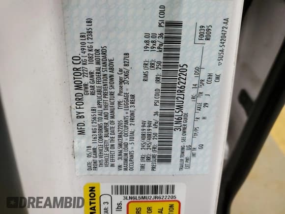 ✅ 2018 Lincoln MKZ Hybrid Reserve • VIN: 3LN6L5MU2JR622205 • Лот: 71051005. Опубликован ранее на Copart с пробегом 149 564 миль. Бесплатный доступ к архиву аукционных продаж из США и подробный отчёт об истории автомобиля на DreamBid. Изображение 12.